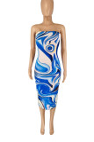Blue Fashion Sexy Print Backless Strapless Sleeveless Dress