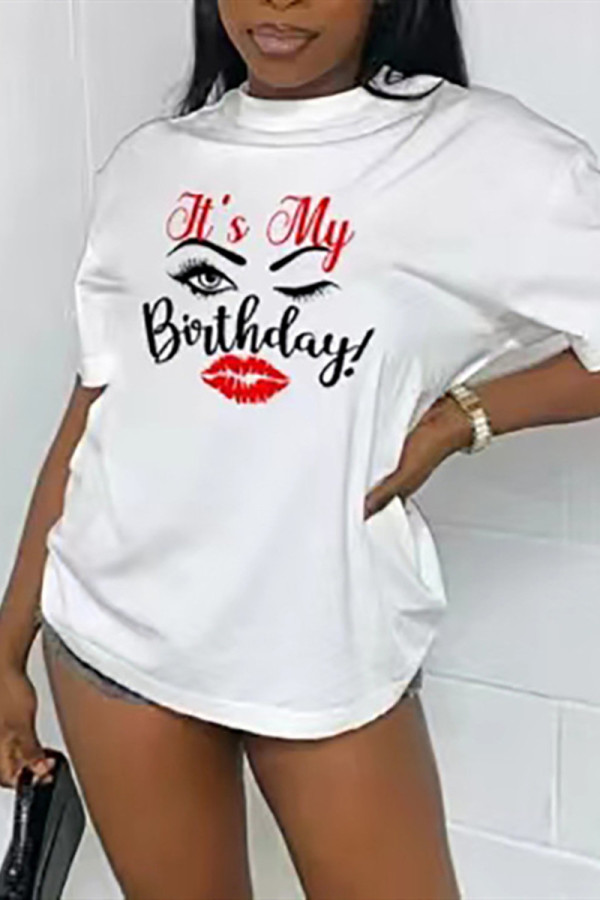 White Fashion Casual Print Basic O Neck T-Shirts