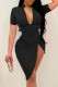 Black Fashion Casual Solid Asymmetrical Zipper Collar Short Sleeve Dress