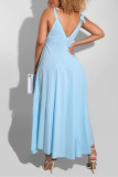 Light Blue Sexy Casual Solid Backless V Neck Sling Dress