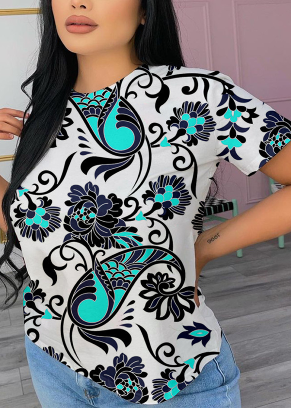 White Blue Casual Print O Neck T-Shirts
