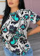 White Blue Casual Print O Neck T-Shirts