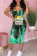 Green Casual Print Patchwork Spaghetti Strap Pencil Skirt Dresses