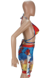 Colour Sexy Print Patchwork Cold Shoulder Sleeveless Two Pieces