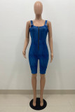 Blue Sexy Casual Solid Backless Spaghetti Strap Regular Romper