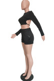 Black Fashion Casual Solid Backless Strap Design O Neck Long Sleeve Two Pieces