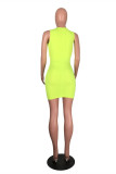 Fluorescent Green Fashion Sexy Solid Hollowed Out O Neck Sleeveless Dress