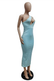 Light Blue Fashion Sexy Solid Hollowed Out One Shoulder Sleeveless Dress