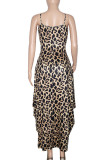 Leopard Print Sexy Print Patchwork Spaghetti Strap Lantern Dress Dresses