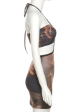 Black Sexy Print Hollowed Out Halter Pencil Skirt Dresses