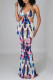 Purple Sexy Print Hollowed Out Patchwork Spaghetti Strap Trumpet Mermaid Dresses