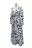 Multicolor Fashion Sexy Print Hollowed Out Backless Slit V Neck Long Sleeve Dresses