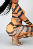 Tiger Pattern Sexy Animal Print Split Joint Zipper Collar Pencil Skirt Dresses