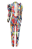 Rainbow Color Sexy Print Patchwork Long Sleeve Two Pieces