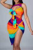 Rainbow Color Fashion Sexy Print Hollowed Out O Neck Sleeveless Two Pieces