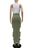 Yellow Sexy Solid Hollowed Out Patchwork V Neck Pencil Skirt Dresses