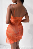 Coffee Sexy Print Draw String Backless Spaghetti Strap Sleeveless Dress