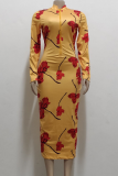 Yellow Sexy Print Patchwork V Neck Pencil Skirt Dresses