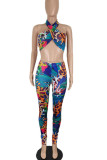 Turquoise Sexy Print Bandage Patchwork Halter Sleeveless Two Pieces
