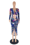 Deep Blue Sexy Print Hollowed Out V Neck Irregular Dress Dresses
