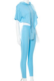 Blue Sportswear Solid Patchwork Asymmetrical Hooded Collar Half Sleeve Two Pieces