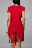 Red Fashion Casual Solid Tassel O Neck Short Sleeve Two Pieces