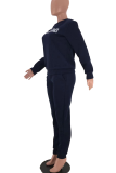 Deep Blue Casual Print Patchwork O Neck Long Sleeve Two Pieces