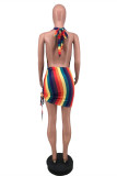 Colour Fashion Sexy Striped Print Backless Halter Sleeveless Dress
