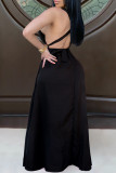 Blue Fashion Sexy Solid Backless V Neck Vest Dress