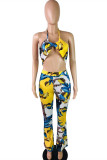 Yellow Fashion Sexy Print Backless Halter Sleeveless Two Pieces