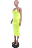 Fluorescent Green Fashion Sexy Solid Backless V Neck Sling Dress