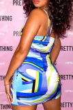 Blue Sexy Print Patchwork Spaghetti Strap Pencil Skirt Dresses
