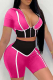 Rose Red Sexy Color Block Patchwork Zipper Collar Short Sleeve Two Pieces