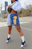 Blue Casual Print Patchwork Straight Mid Waist Straight Full Print Bottoms