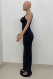 Yellow Fashion Sexy Solid Backless Slit V Neck Sling Dress