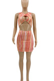 Blue Sexy Print Hollowed Out Patchwork Asymmetrical Halter Sleeveless Two Pieces