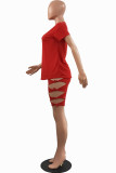Red Sexy Solid Ripped Bandage O Neck Short Sleeve Two Pieces