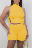 Pink Fashion Casual Solid Strap Design Turtleneck Sleeveless Two Pieces