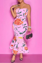 Pink Sexy Print Backless Strapless Sleeveless Dress