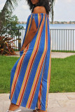 Sky Blue Fashion Casual Striped Print Backless Off the Shoulder Regular Jumpsuits