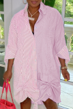 Pink Casual Striped Patchwork Turndown Collar Shirt Dress Dresses