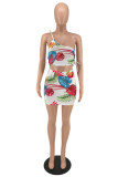 White Sexy Print Patchwork One Shoulder Sleeveless Two Pieces