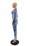 Fuchsia Fashion Casual Print Tie Dye Basic O Neck Long Sleeve Two Pieces