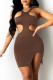 Brownness Fashion Sexy Solid Hollowed Out Slit O Neck Sleeveless Dress