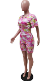 Colour Casual Print Patchwork O Neck Short Sleeve Two Pieces