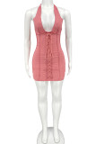 Pink Sexy Solid Patchwork Frenulum Backless V Neck Pencil Skirt Dresses