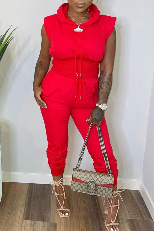Red Casual Solid Patchwork O Neck Sleeveless Two Pieces