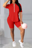 Red Casual Solid Patchwork Zipper Collar Short Sleeve Two Pieces