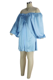Blue Sexy Solid Flounce Off the Shoulder Pleated Dresses