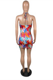 Multicolor Sexy Print Hollowed Out Backless Spaghetti Strap Sleeveless Dress